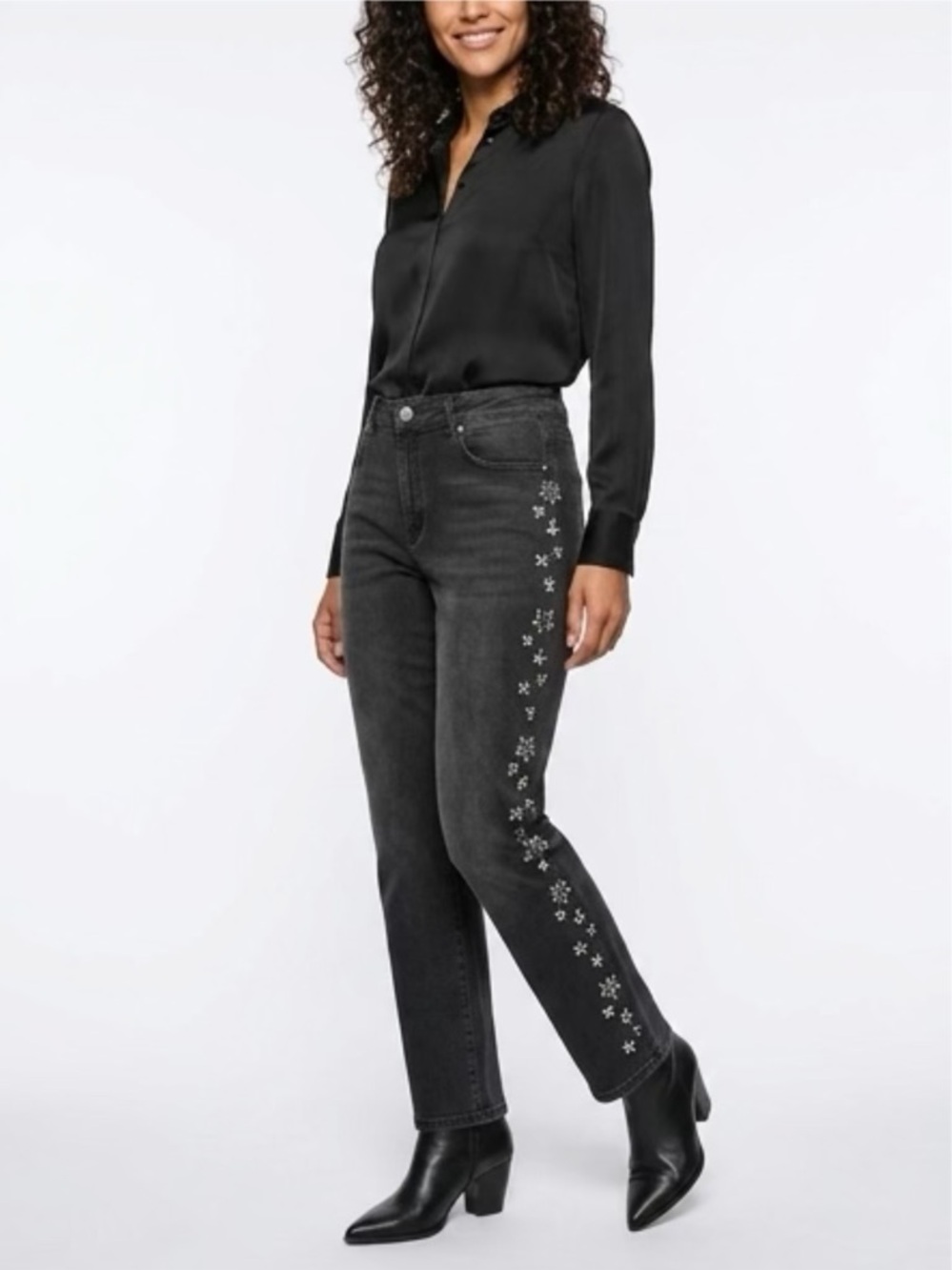 Embellished Elegant Crustal Flowers Camila Coelho‎ Black/Gray High Rise Jeans 12